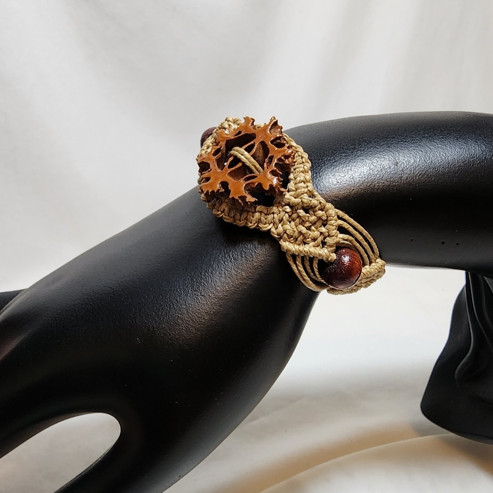 Vintage Boho Macramé Bracelet with Natural Seed Pod Center Handmade Earthy Style